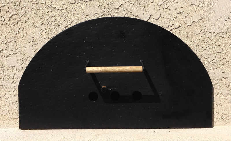Black half-circle pizza oven door with wooden handle and adjustable air vents, made of durable powder-coated steel for wood-fired ovens.