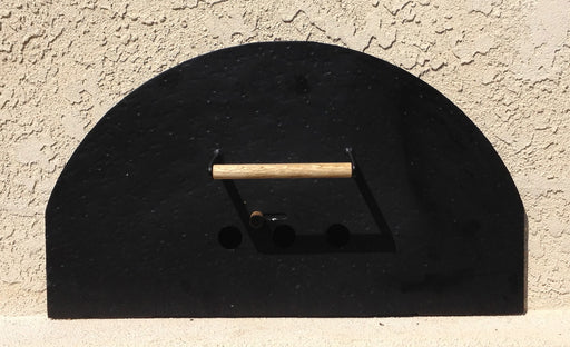 Black half-circle pizza oven door with wooden handle and adjustable air vents, made of durable powder-coated steel for wood-fired ovens.