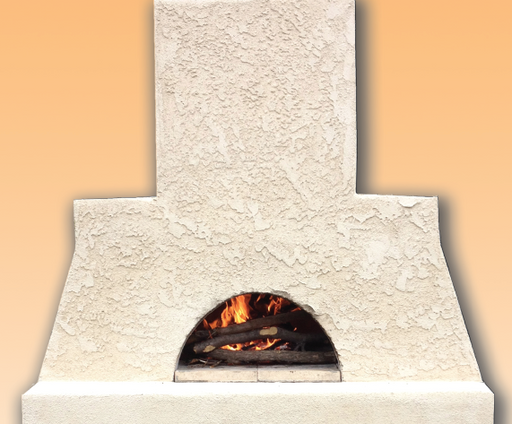 Outdoor wood fired pizza oven with stucco finish and burning firewood inside